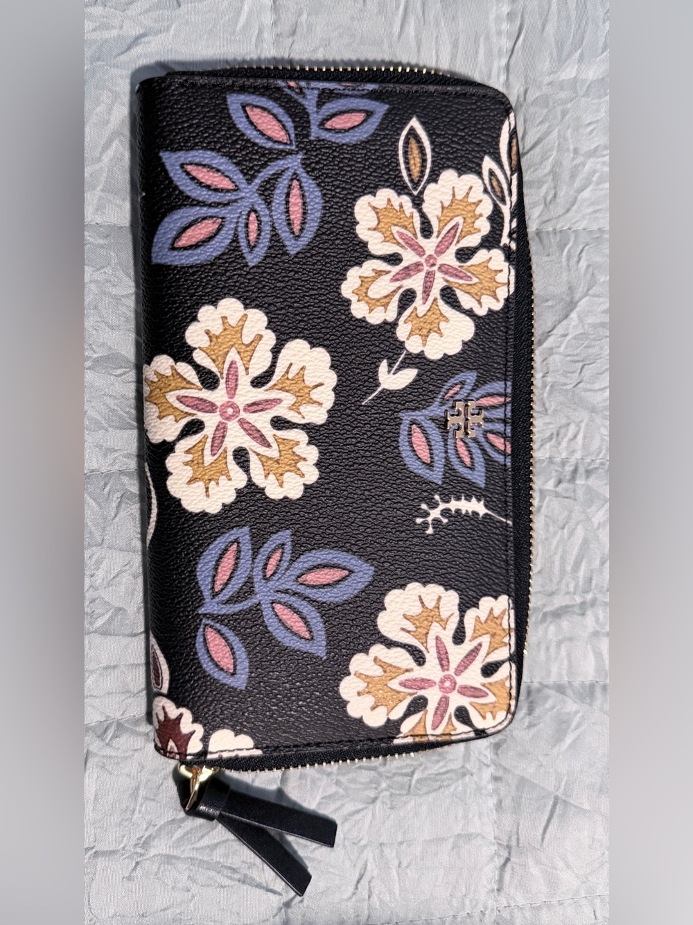Tory Burch Black Floral Zip Wallet with Pastel Accents